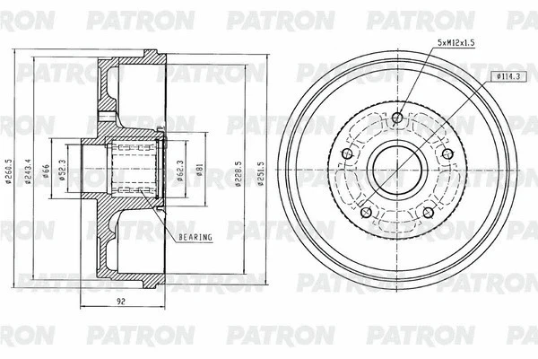 Барабан тормозной RENAULT Duster 4x2 / Kaptur 1,6 (+ подшипник,+ кольцо ABS) Patron PDR1014