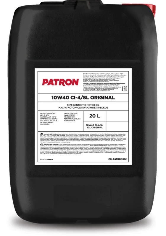 Моторное масло Patron Original 10W-40 CI-4/SL полусинтетическое 20 л