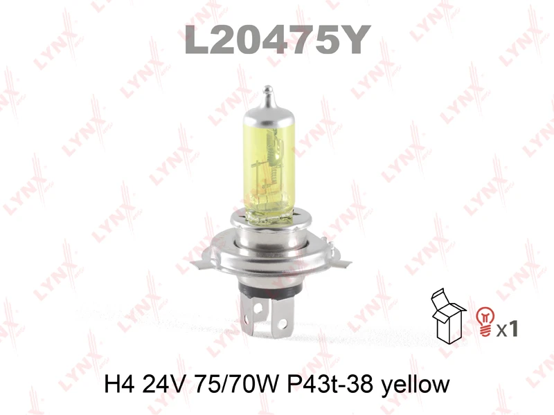 Лампа галогенная LYNXauto L20475Y H4 (P43t-38) yellow 24В 70/75Вт 1 шт