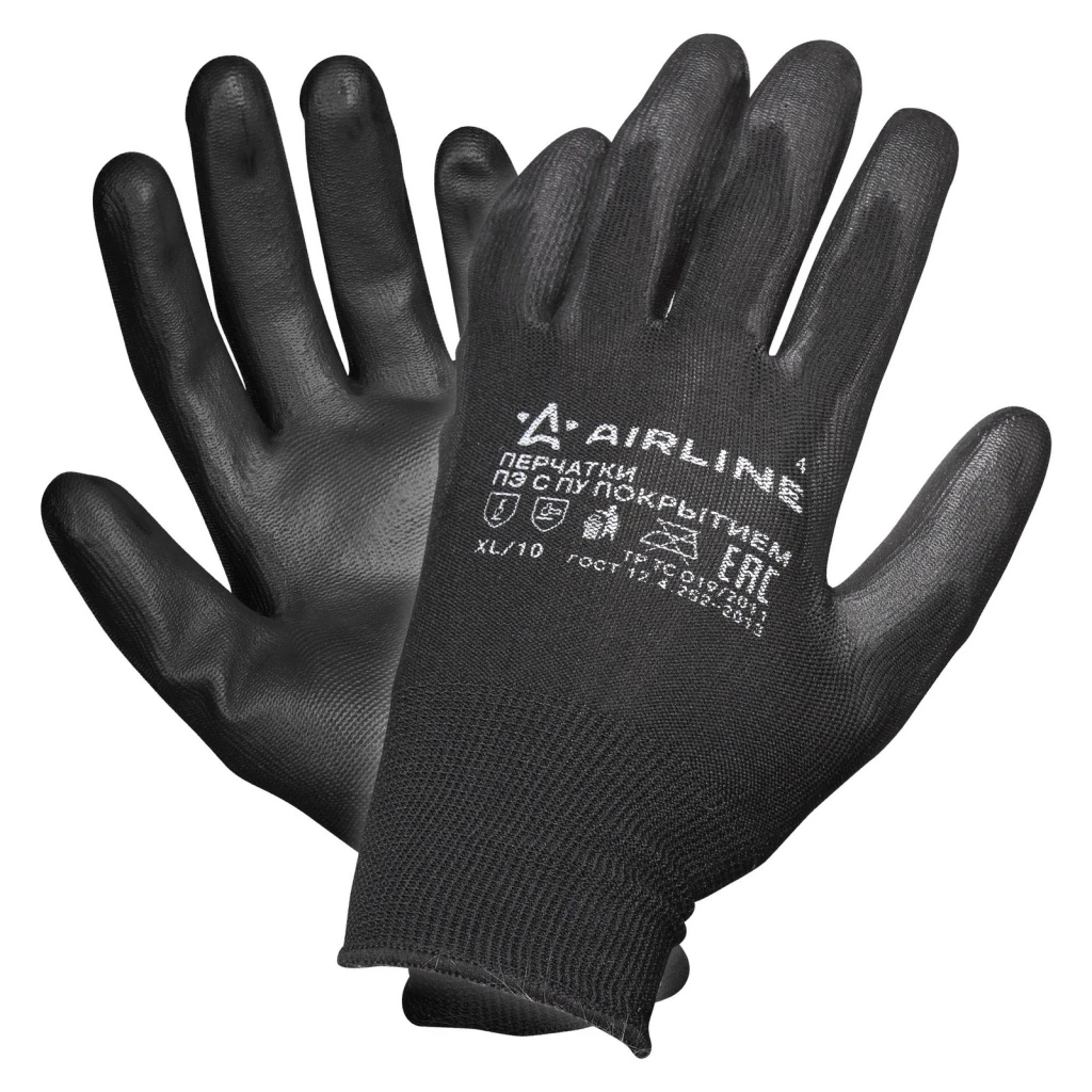 Перчатки полиэфирные AIRLINE черный/серый с цельным ПУ покрытием ладони, XL