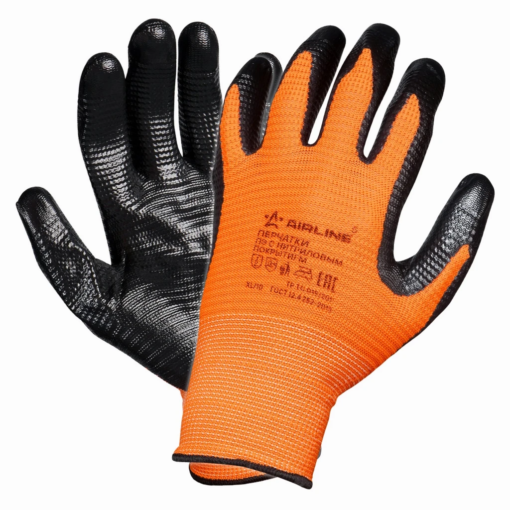 Перчатки полиэфирные AIRLINE оранжево/черный с двухслойным нитрил. покрытием ладони, XL