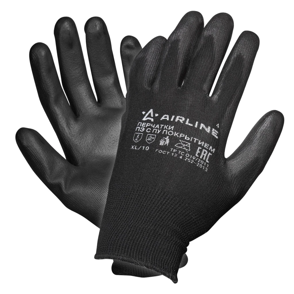 Перчатки полиэфирные AIRLINE черный/серый с цельным ПУ покрытием ладони c подвесом, XL