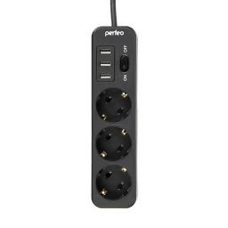 Удлинитель сетевой "Perfeo" POWER STREAM (2500W, двойная защита, 2 м, 3 розетки, 3 USB, черный)